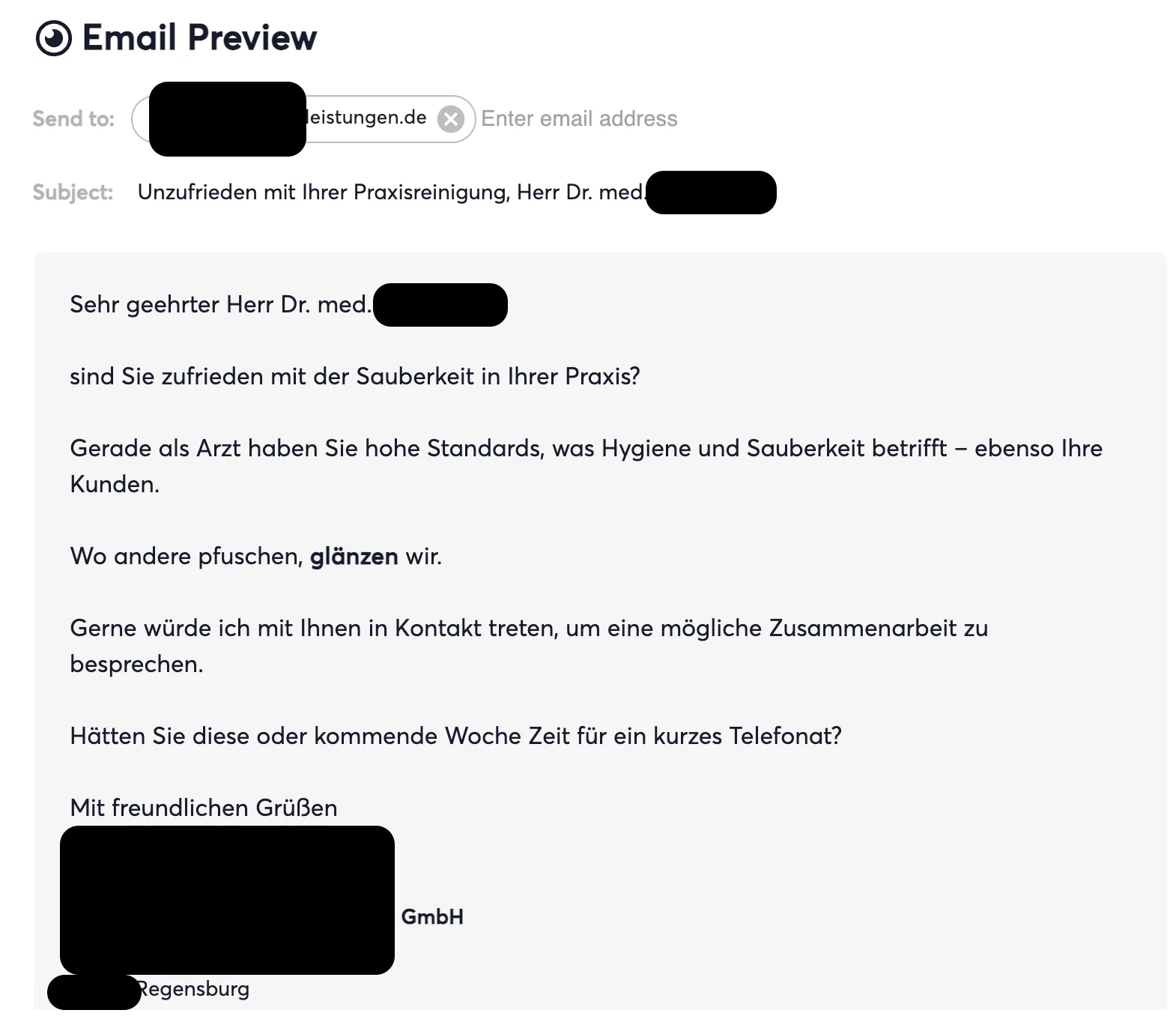 Vorschau einer fertig personalisierten Akquise-E-Mail